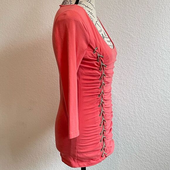 Boston Proper Top XS Coral 3/4 sleeve ruched Front Tie Style Contemporary Chic - Picture 4 of 10